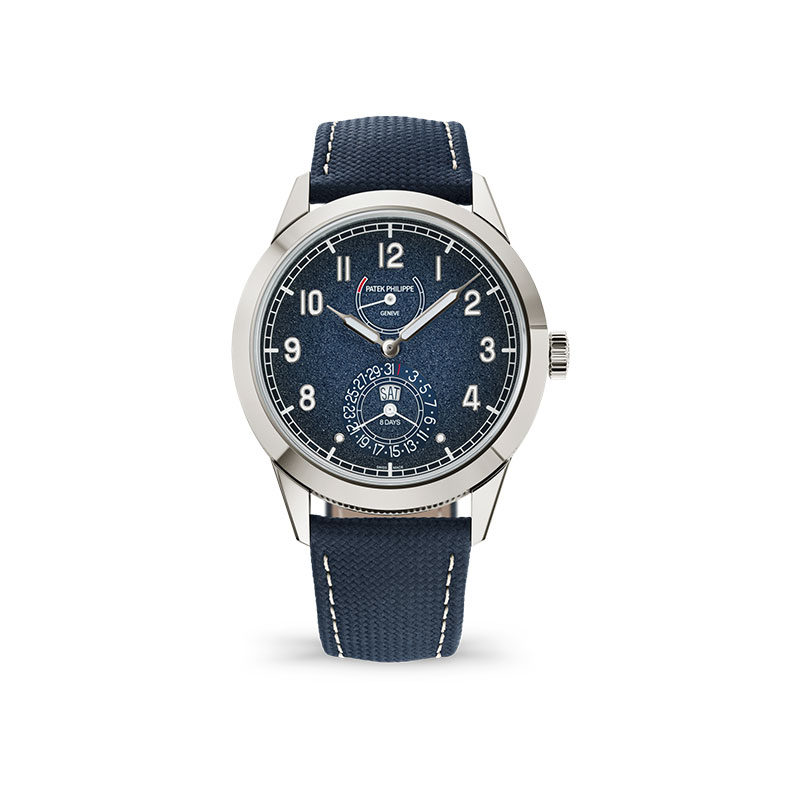 18W PATEK PHILIPPE CALATRAVA COMPLICATIONS BLUE DIAL STRAP WATCH